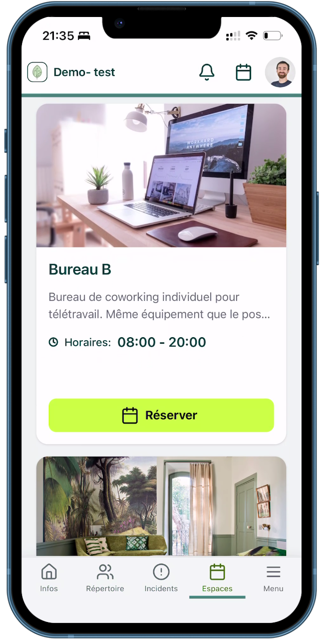Portail mobile — liste des espaces et réservation